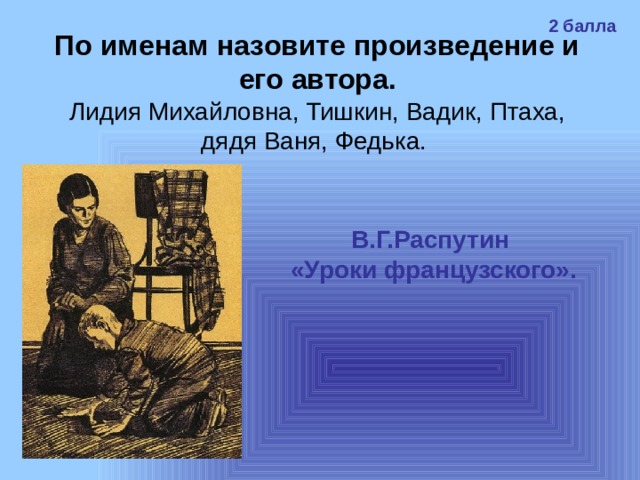 2 балла По именам назовите произведение и его автора. Лидия Михайловна, Тишкин, Вадик, Птаха, дядя Ваня, Федька. В.Г.Распутин «Уроки французского». 