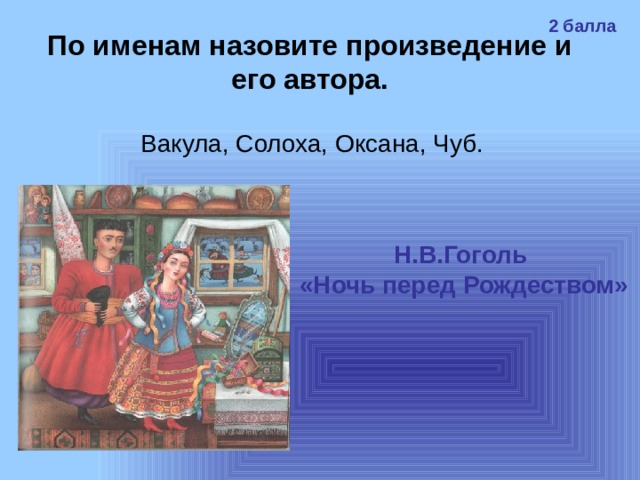 2 балла По именам назовите произведение и его автора. Вакула, Солоха, Оксана, Чуб. Н.В.Гоголь «Ночь перед Рождеством» 