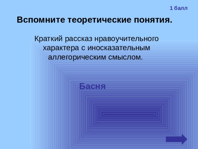 1 балл Вспомните теоретические понятия. Краткий рассказ нравоучительного характера с иносказательным аллегорическим смыслом. Басня 