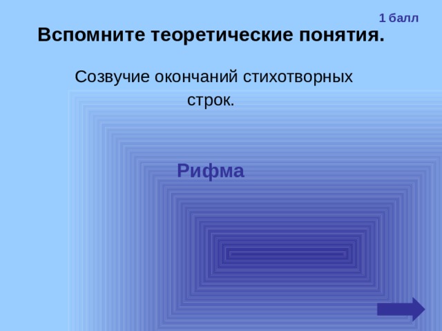 1 балл Вспомните теоретические понятия. Созвучие окончаний стихотворных строк.  Рифма 