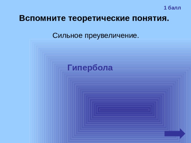 1 балл Вспомните теоретические понятия. Сильное преувеличение. Гипербола 