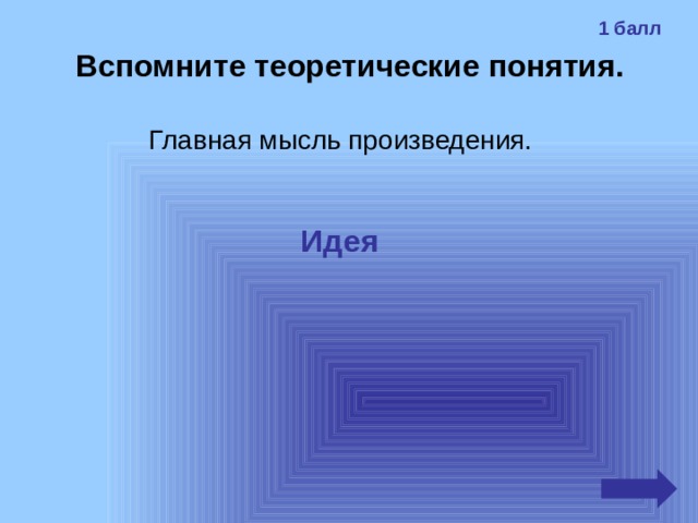 1 балл Вспомните теоретические понятия. Главная мысль произведения.  Идея 