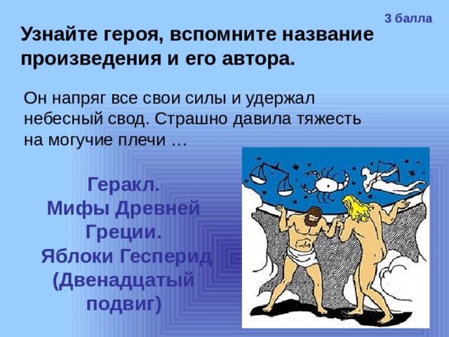 3 балла Узнайте героя, вспомните название произведения и его автора. Он напряг все свои силы и удержал небесный свод. Страшно давила тяжесть на могучие плечи …  Геракл. Мифы Древней Греции.  Яблоки Гесперид (Двенадцатый подвиг) 