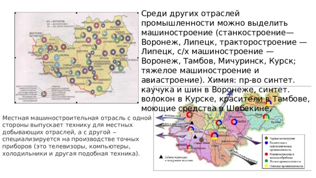 Среди других отраслей промышленности можно выделить машиностроение (станкостроение— Воронеж, Липецк, тракторостроение — Липецк, с/х машиностроение — Воронеж, Тамбов, Мичуринск, Курск; тяжелое машиностроение и авиастроение). Химия: пр-во синтет. каучука и шин в Воронеже, синтет. волокон в Курске, красители в Тамбове, моющие средства в Шебекине. Местная машиностроительная отрасль с одной стороны выпускает технику для местных добывающих отраслей, а с другой ‒ специализируется на производстве точных приборов (это телевизоры, компьютеры, холодильники и другая подобная техника). 