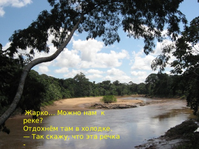 - Жарко… Можно нам  к реке?  Отдохнём там в холодке.  — Так скажу, что эта речка -  Мне знакомое местечко.    