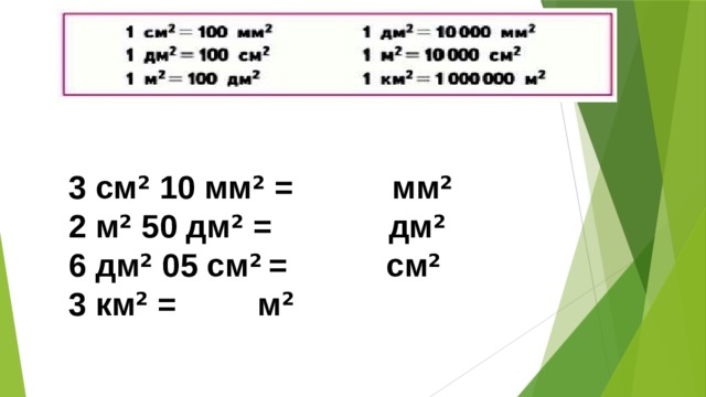 3 см 2  10 мм 2  = мм 2          2 м 2  50 дм 2  = дм 2 6 дм 2  05 см 2  = см 2                 3 км 2  = м 2 