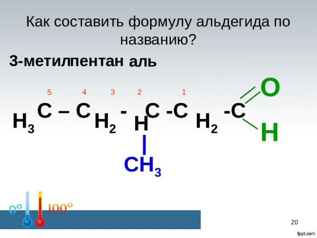 Как составить формулу альдегида по названию? пентан 3-метил аль O H  5 4   3  2 1 С – С - С -С -С    H H 3 H 2 H 2  | CH 3