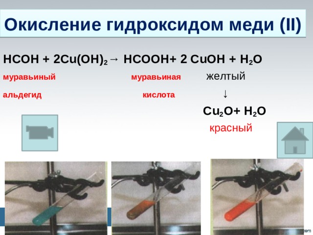 Окисление гидроксидом меди (II) НСОН + 2Cu(OH) 2 → НСООН+ 2 CuOH + Н 2 О муравьиный муравьиная желтый альдегид кислота  ↓  Cu 2 O+ Н 2 О  красный