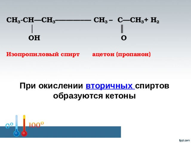СН 3 -СН—СН 3 –––––––––– СН 3 – С—СН 3 + Н 2   │ ║  ОН О   Изопропиловый спирт   ацетон (пропанон)   При окислении вторичных спиртов образуются кетоны