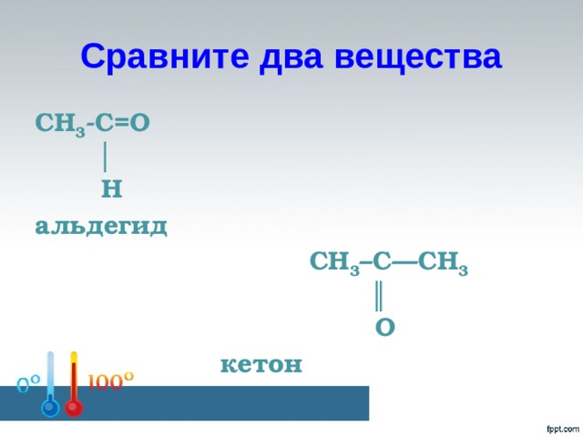 Сравните два вещества CH 3 -C=O     │  H альдегид  СН 3 –С—СН 3   ║  О        кетон