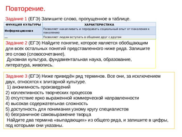 Повторение. Задание 1 (ЕГЭ) Запишите слово, пропущенное в таблице. ФУНКЦИЯ КУЛЬТУРЫ ХАРАКТЕРИСТИКА Информационная Позволяет накапливать и передавать социальный опыт от поколения к поколению ... Позволяет людям вступать в общение друг с другом Задание 2 (ЕГЭ) Найдите понятие, которое является обобщающим для всех остальных понятий представленного ниже ряда. Запишите это слово (словосочетание).  Духовная культура, фундаментальная наука, образование, литература, живопись. Задание 3 (ЕГЭ) Ниже приведён ряд терминов. Все они, за исключением двух, относятся к элитарной культуре.  1) анонимность произведений 2) коллективность творческих процессов 3) отсутствие ярко выраженной коммерческой направленности 4) высокая содержательная сложность 5) доступность для понимания узкому кругу специалистов 6) безграничное самовыражение творца  Найдите два термина «выпадающих» из общего ряда, и запишите в цифры, под которыми они указаны. 