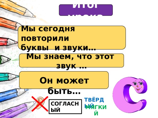 Итог урока Мы сегодня повторили буквы и звуки… Мы знаем, что этот звук … Он может быть… ТВЁРДЫЙ СОГЛАСНЫЙ МЯГКИЙ 