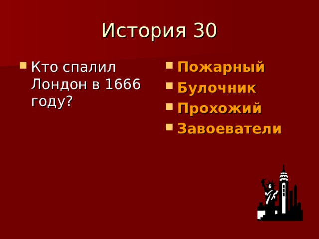 История 30 Кто спалил Лондон в 1666 году? Пожарный Булочник Прохожий Завоеватели  