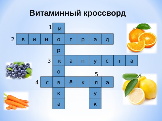 Витаминный кроссворд 1  м г д н о а р и  в 2 р т а п а с  к у 3 о 5  с  л к а в ё 4 у к к а 