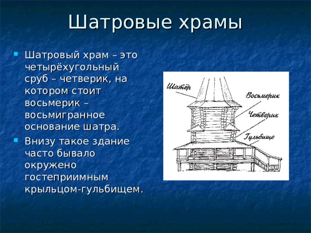 Шатровые храмы Шатровый храм – это четырёхугольный сруб – четверик, на котором стоит восьмерик – восьмигранное основание шатра. Внизу такое здание часто бывало окружено гостеприимным крыльцом-гульбищем. 
