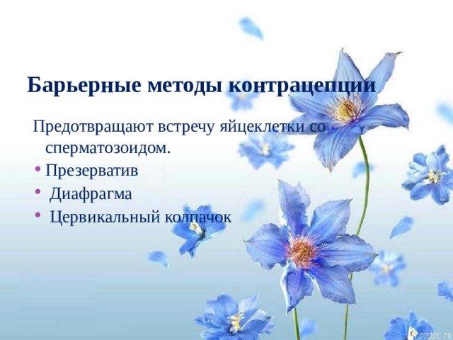 Барьерные методы контрацепции Предотвращают встречу яйцеклетки со сперматозоидом. Презерватив  Диафрагма  Цервикальный колпачок 