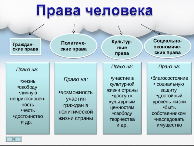 Политиче-ские права Социально-экономиче-ские права Культур-ные права Граждан-ские права Право на:  Право на:  Право на:  Право на:  Право на:  участие в культурной жизни страны доступ к культурным ценностям свободу творчества благосостояние  социальную защиту достойный уровень жизни быть собственником наследовать имущество  возможность участия граждан в политической жизни страны жизнь свободу личную неприкосновен-ность честь достоинство и др. и др. 