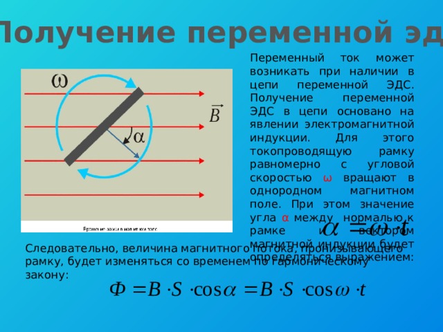 Получение переменной эдс Переменный ток может возникать при наличии в цепи переменной ЭДС. Получение переменной ЭДС в цепи основано на явлении электромагнитной индукции. Для этого токопроводящую рамку равномерно с угловой скоростью ω вращают в однородном магнитном поле. При этом значение угла α между нормалью к рамке и вектором магнитной индукции будет определяться выражением: Следовательно, величина магнитного потока, пронизывающего рамку, будет изменяться со временем по гармоническому закону: 