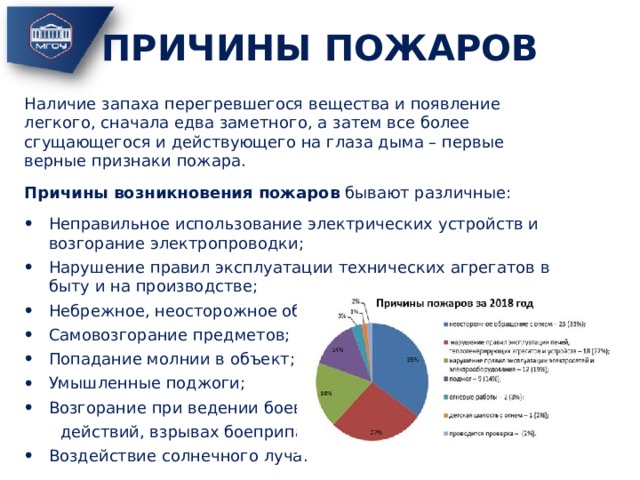 ПРИЧИНЫ ПОЖАРОВ Наличие запаха перегревшегося вещества и появление легкого, сначала едва заметного, а затем все более сгущающегося и действующего на глаза дыма – первые верные признаки пожара. Причины возникновения пожаров бывают различные: Неправильное использование электрических устройств и возгорание электропроводки; Нарушение правил эксплуатации технических агрегатов в быту и на производстве; Небрежное, неосторожное обращение с огнём; Самовозгорание предметов; Попадание молнии в объект; Умышленные поджоги; Возгорание при ведении боевых  действий, взрывах боеприпасов; Воздействие солнечного луча. 