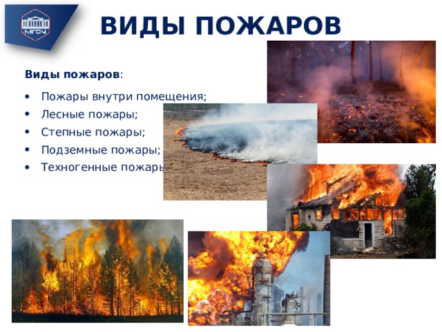 ВИДЫ ПОЖАРОВ Виды пожаров : Пожары внутри помещения; Лесные пожары; Степные пожары; Подземные пожары; Техногенные пожары. 