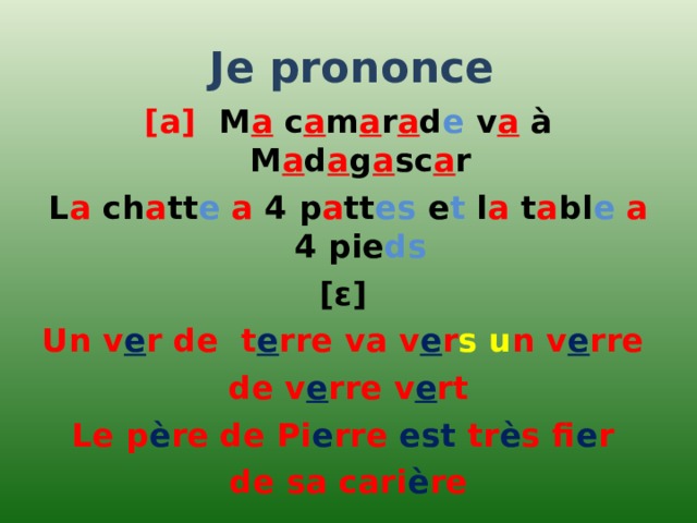 Je prononce   [ a ]  M a c a m a r a d e v a à M a d a g a sc a r L a ch a tt e  a 4 p a tt es e t l a t a bl e  a 4 pie ds [ ε ] Un v e r de t e rre va v e r s  u n v e rre de v e rre v e rt Le p è re de Pi e rre est tr è s fi e r de sa cari è re
