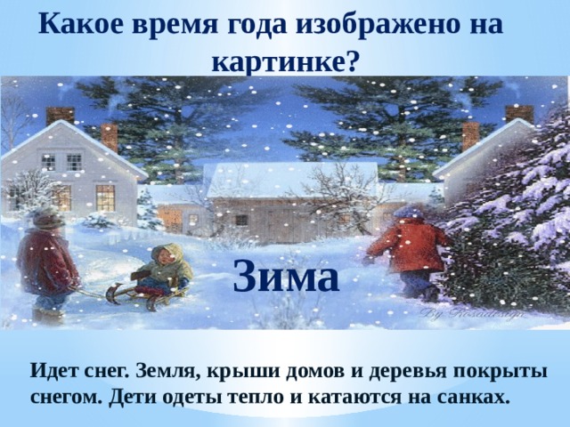  Какое время года изображено на  картинке? Зима Идет снег. Земля, крыши домов и деревья покрыты снегом. Дети одеты тепло и катаются на санках. 
