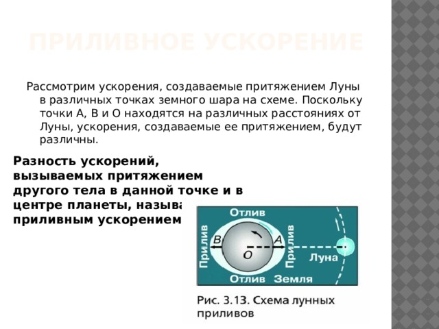 Приливное ускорение Рассмотрим ускорения, создаваемые притяжением Луны в различных точках земного шара на схеме. Поскольку точки А, В и О находятся на различных расстояниях от Луны, ускорения, создаваемые ее притяжением, будут различны. Разность ускорений, вызываемых притяжением другого тела в данной точке и в центре планеты, называется приливным ускорением. 