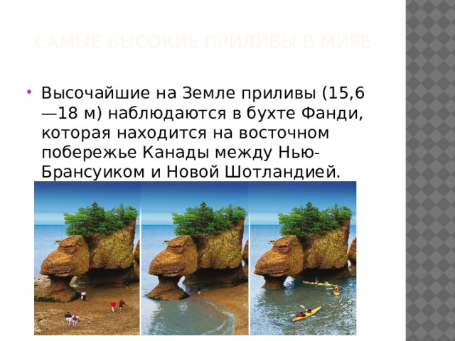 Самые высокие приливы в мире   Высочайшие на Земле приливы (15,6—18 м) наблюдаются в бухте Фанди, которая находится на восточном побережье Канады между Нью-Брансуиком и Новой Шотландией. 