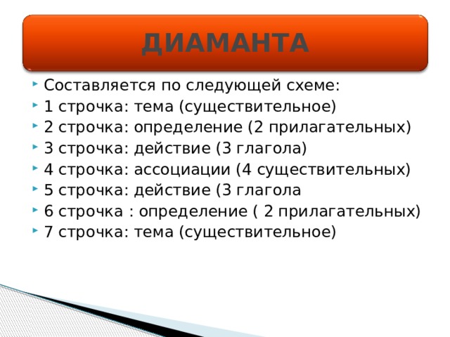ДИАМАНТА Составляется по следующей схеме: 1 строчка: тема (существительное) 2 строчка: определение (2 прилагательных) 3 строчка: действие (3 глагола) 4 строчка: ассоциации (4 существительных) 5 строчка: действие (3 глагола 6 строчка : определение ( 2 прилагательных) 7 строчка: тема (существительное) 