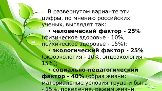 В развернутом варианте эти цифры, по мнению российских ученых, выглядят так: • человеческий фактор - 25% (физическое здоровье - 10%, психическое здоровье - 15%); • экологический фактор - 25% (экзоэкология - 10%, эндоэкология - 15%); • социально-педагогический фактор - 40% (образ жизни: материальные условия труда и быта - 15%, поведение, режим жизни, привычки - 25%); • медицинский фактор - 10%. 