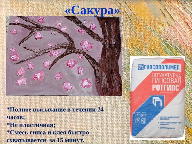 «Сакура» *Полное высыхание в течении 24 часов; *Не пластичная; *Смесь гипса и клея быстро схватывается за 15 минут. 
