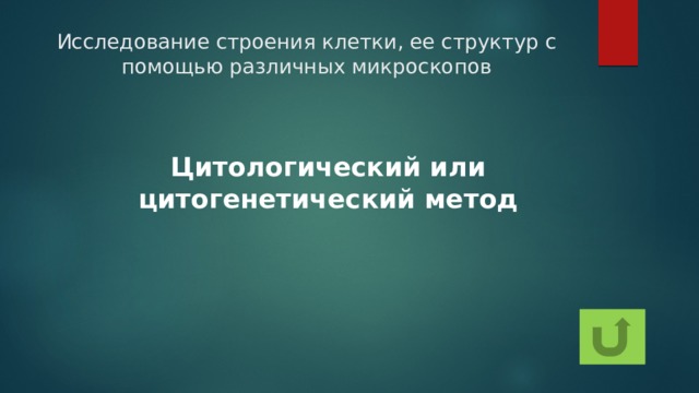 Исследование строения клетки, ее структур с помощью различных микроскопов Цитологический или цитогенетический метод 