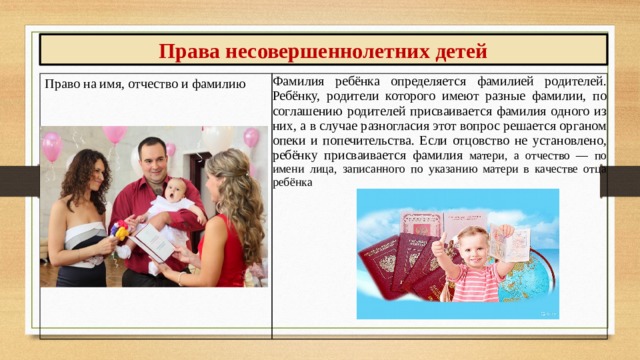 Права несовершеннолетних детей Право на имя, отчество и фамилию Фамилия ребёнка определяется фа­милией родителей. Ребёнку, родите­ли которого имеют разные фамилии, по соглашению родителей присваи­вается фамилия одного из них, а в случае разногласия этот вопрос ре­шается органом опеки и попечитель­ства. Если отцовство не установлено, ребёнку присваивается фамилия матери, а отчество — по имени лица, записанного по указанию матери в качестве отца ребёнка 