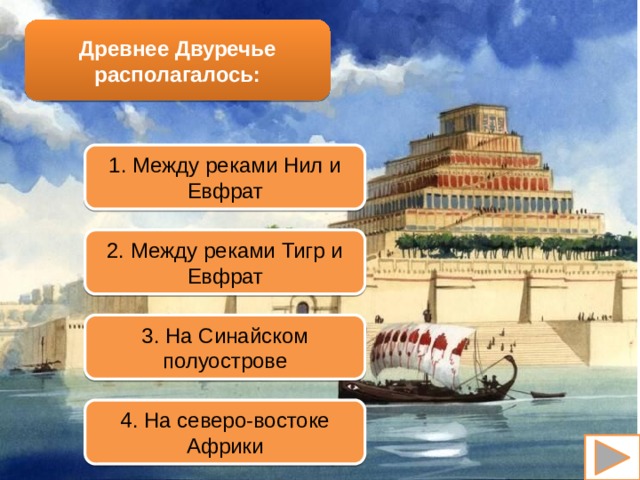Древнее Двуречье располагалось: 1. Между реками Нил и Евфрат 2. Между реками Тигр и Евфрат 3. На Синайском полуострове 4. На северо-востоке Африки  