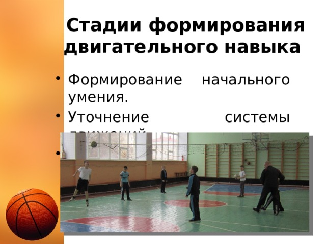 Стадии формирования двигательного навыка Формирование начального умения. Уточнение системы движений. Совершенствование навыка. 