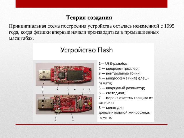 Теория создания Принципиальная схема построения устройства осталась неизменной с 1995 года, когда флэшки впервые начали производиться в промышленных масштабах. 