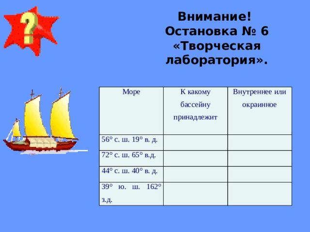 Внимание! Остановка № 6 «Творческая лаборатория». Море К какому бассейну принадлежит 56° с. ш. 19° в. д. Внутреннее или окраинное 72° с. ш. 65° в.д. 44° с. ш. 40° в. д. 39° ю. ш. 162° з.д. 