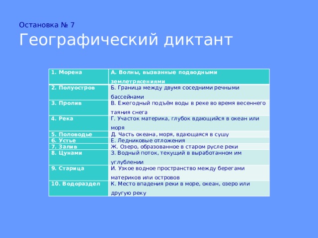 Остановка № 7  Географический диктант 1. Морена А. Волны, вызванные подводными землетрясениями 2. Полуостров Б. Граница между двумя соседними речными бассейнами 3. Пролив В. Ежегодный подъём воды в реке во время весеннего таяния снега 4. Река Г. Участок материка, глубок вдающийся в океан или моря 5. Половодье Д. Часть океана, моря, вдающаяся в сушу 6. Устье Е. Ледниковые отложения 7. Залив Ж. Озеро, образованное в старом русле реки 8. Цунами З. Водный поток, текущий в выработанном им углублении 9. Старица И. Узкое водное пространство между берегами материков или островов 10. Водораздел К. Место впадения реки в море, океан, озеро или другую реку 
