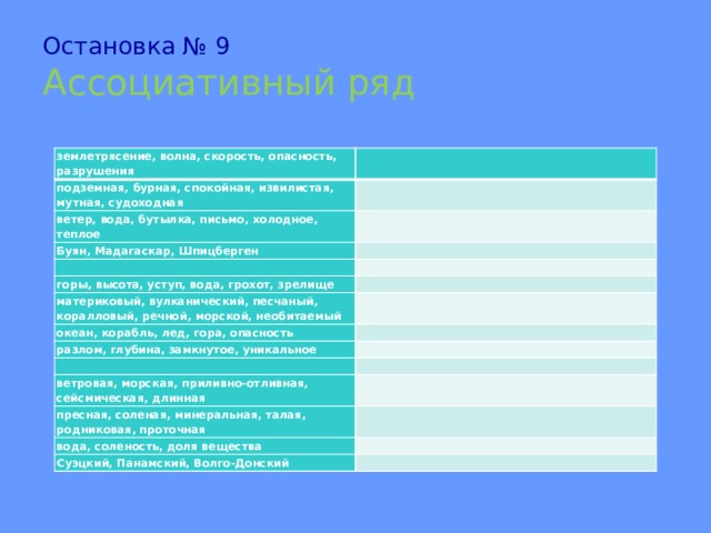 Остановка № 9  Ассоциативный ряд землетрясение, волна, скорость, опасность, разрушения подземная, бурная, спокойная, извилистая, мутная, судоходная ветер, вода, бутылка, письмо, холодное, теплое Буян, Мадагаскар, Шпицберген   горы, высота, уступ, вода, грохот, зрелище материковый, вулканический, песчаный, коралловый, речной, морской, необитаемый океан, корабль, лед, гора, опасность разлом, глубина, замкнутое, уникальное   ветровая, морская, приливно-отливная, сейсмическая, длинная пресная, соленая, минеральная, талая, родниковая, проточная вода, соленость, доля вещества Суэцкий, Панамский, Волго-Донский 