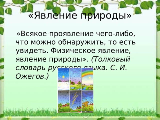 «Явление природы»  «Всякое проявление чего-либо, что можно обнаружить, то есть увидеть. Физическое явление, явление природы». (Толковый словарь русского языка. С. И. Ожегов.) 