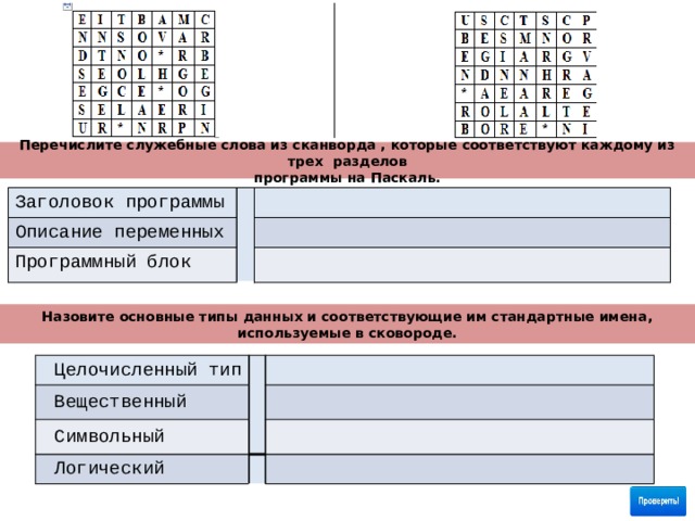 Перечислите служебные слова из сканворда , которые соответствуют каждому из трех разделов  программы на Паскаль. Заголовок программы Описание переменных Программный блок Назовите основные типы данных и соответствующие им стандартные имена, используемые в сковороде. Целочисленный тип Вещественный Символьный Логический 