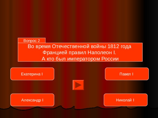 Вопрос 2 Во время Отечественной войны 1812 года  Францией правил Наполеон I . А кто был императором России Екатерина I Павел I  Александр I Николай I 