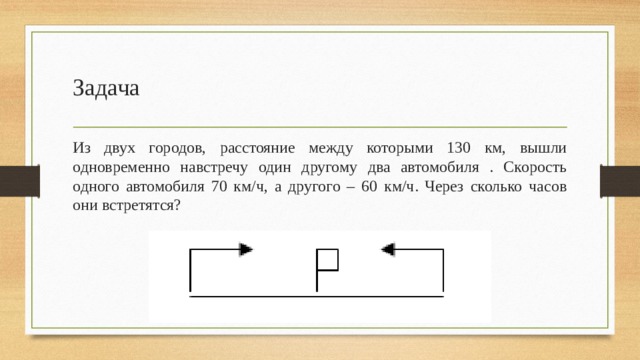 Задача Из двух городов, расстояние между которыми 130 км, вышли одновременно навстречу один другому два автомобиля . Скорость одного автомобиля 70 км/ч, а другого – 60 км/ч. Через сколько часов они встретятся? 