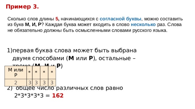 Пример 3. Сколько слов длины 5 , начинающихся с согласной буквы , можно составить из букв М,  И,  Р ? Каждая буква может входить в слово несколько раз. Слова не обязательно должны быть осмысленными словами русского языка. первая буква слова может быть выбрана двумя способами ( М или Р ), остальные – тремя ( М, И и Р ) М или Р 2 * * 3 * 3 * 3 3  общее число различных слов равно 2*3*3*3*3 = 162 