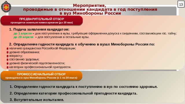 13 Мероприятия, проводимые в отношении кандидата в год поступления в вуз Минобороны России  1. Подача заявления кандидатом:  до 1 апреля – для поступления в вузы, требующие оформления допуска к сведениям, составляющим гос. тайну;  до 20 апреля – для поступления в остальные вузы. ПРЕДВАРИТЕЛЬНЫЙ ОТБОР проводится военным комиссариатом (до 20 мая) 2. Определение годности кандидата к обучению в вузах Минобороны России по: наличию гражданства Российской Федерации; уровню образования; возрасту; состоянию здоровья; уровню физической подготовленности; категории профессиональной пригодности . ПРЕДВАРИТЕЛЬНЫЙ ОТБОР проводится военным комиссариатом (до 20 мая)   1. Определение годности кандидата к поступлению в вуз по состоянию здоровья. 2. Определение категории профессиональной пригодности кандидата. 3. Вступительные испытания. ПРОФЕССИОНАЛЬНЫЙ ОТБОР проводится в вузе Минобороны России (с 1 по 30 июля) 