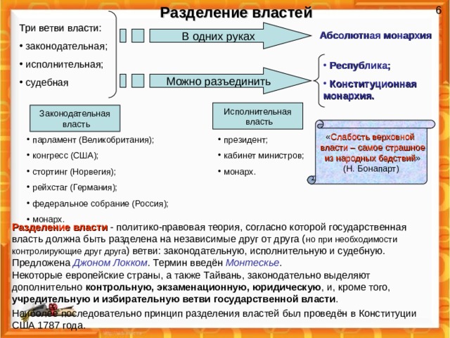 Разделение властей 6 Три ветви власти:  законодательная;  исполнительная;  судебная В одних руках Абсолютная монархия  Республика;  Конституционная монархия. Можно разъединить Исполнительная  власть Законодательная  власть « Слабость верховной  власти – самое страшное  из народных бедствий » (Н. Бонапарт)  парламент (Великобритания);  конгресс (США);  стортинг (Норвегия);  рейхстаг (Германия);  федеральное собрание (Россия);  монарх.  президент;  кабинет министров;  монарх. Разделение власти  - политико-правовая теория, согласно которой государственная власть должна быть разделена на независимые друг от друга ( но при необходимости контролирующие друг друга ) ветви: законодательную, исполнительную и судебную. Предложена Джоном Локком . Термин введён Монтескье . Некоторые европейские страны, а также Тайвань, законодательно выделяют дополнительно контрольную, экзаменационную, юридическую , и, кроме того, учредительную и избирательную ветви государственной власти . Наиболее последовательно принцип разделения властей был проведён в Конституции США 1787 года. 