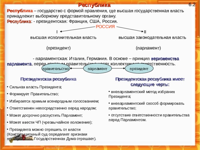 6 .2 Республика Республика – государство с формой правления, где высшая государственная власть принадлежит выборному представительному органу. Республика : - президентская: Франция, США, Россия.  РОССИЯ  I  II   высшая исполнительная власть высшая законодательная власть  (президент) (парламент)  - парламентская: Италия, Германия. В основе – принцип верховенства парламента , перед которым правительство несет коллективную ответственность. парламент президент правительство Президентская республика Президентская республика имеет следующие черты:  внепарламентский метод избрания Президента;  внепарламентский способ формировать правительство;  отсутствие ответственности правительства перед Парламентом.  Сильная власть Президента;  Формирует Правительство;  Избирается прямым всенародным голосованием;  Ответственен непосредственно перед народом;  Может досрочно распустить Парламент;  Может ввести ЧП (чрезвычайное положение);  Президента можно отрешить от власти (Конституционный суд определяет признаки преступления, Государственная Дума отрешает). 
