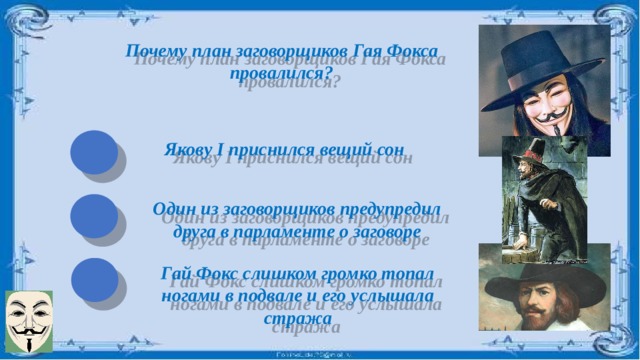 Почему план заговорщиков Гая Фокса провалился? Якову I приснился вещий сон Один из заговорщиков предупредил друга в парламенте о заговоре Гай Фокс слишком громко топал ногами в подвале и его услышала стража 