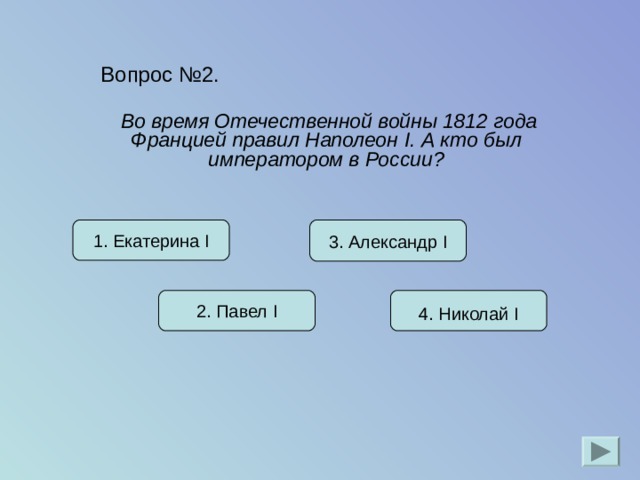 Вопрос №2.  Во время Отечественной войны 1812 года Францией правил Наполеон I . А кто был императором в России? 3. Александр I 1. Екатерина I 2. Павел I 4. Николай I 