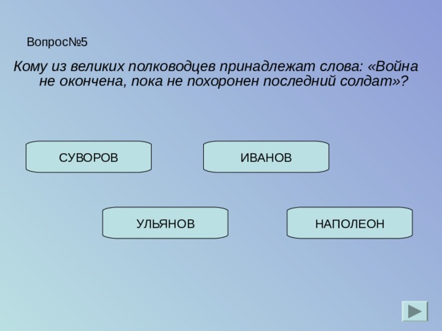 Вопрос№5 Кому из великих полководцев принадлежат слова: «Война не окончена, пока не похоронен последний солдат»? СУВОРОВ ИВАНОВ УЛЬЯНОВ НАПОЛЕОН 